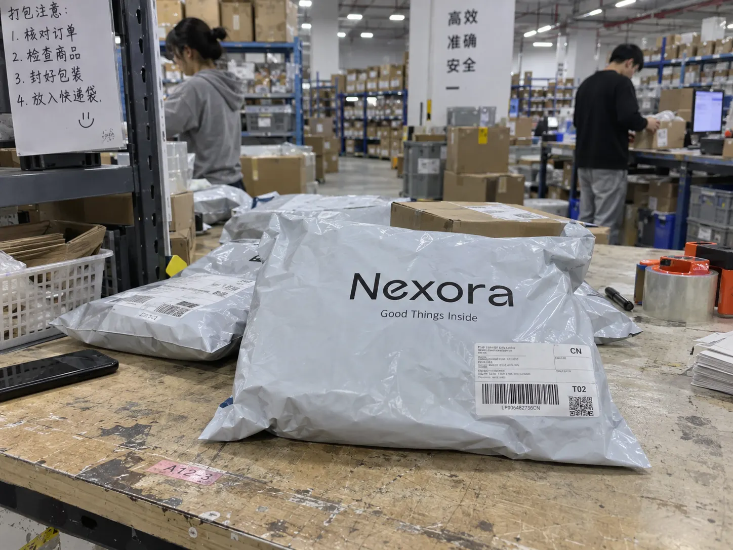 Illustration of a branded poly mailer printed with a store's own logo, ready for dispatch