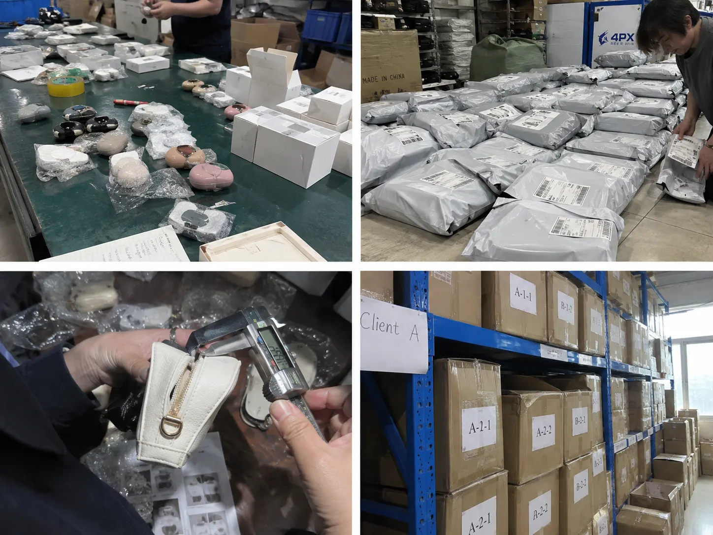 Orders being checked, bagged and labelled for dispatch, and client stock on labelled shelves in our warehouse in China