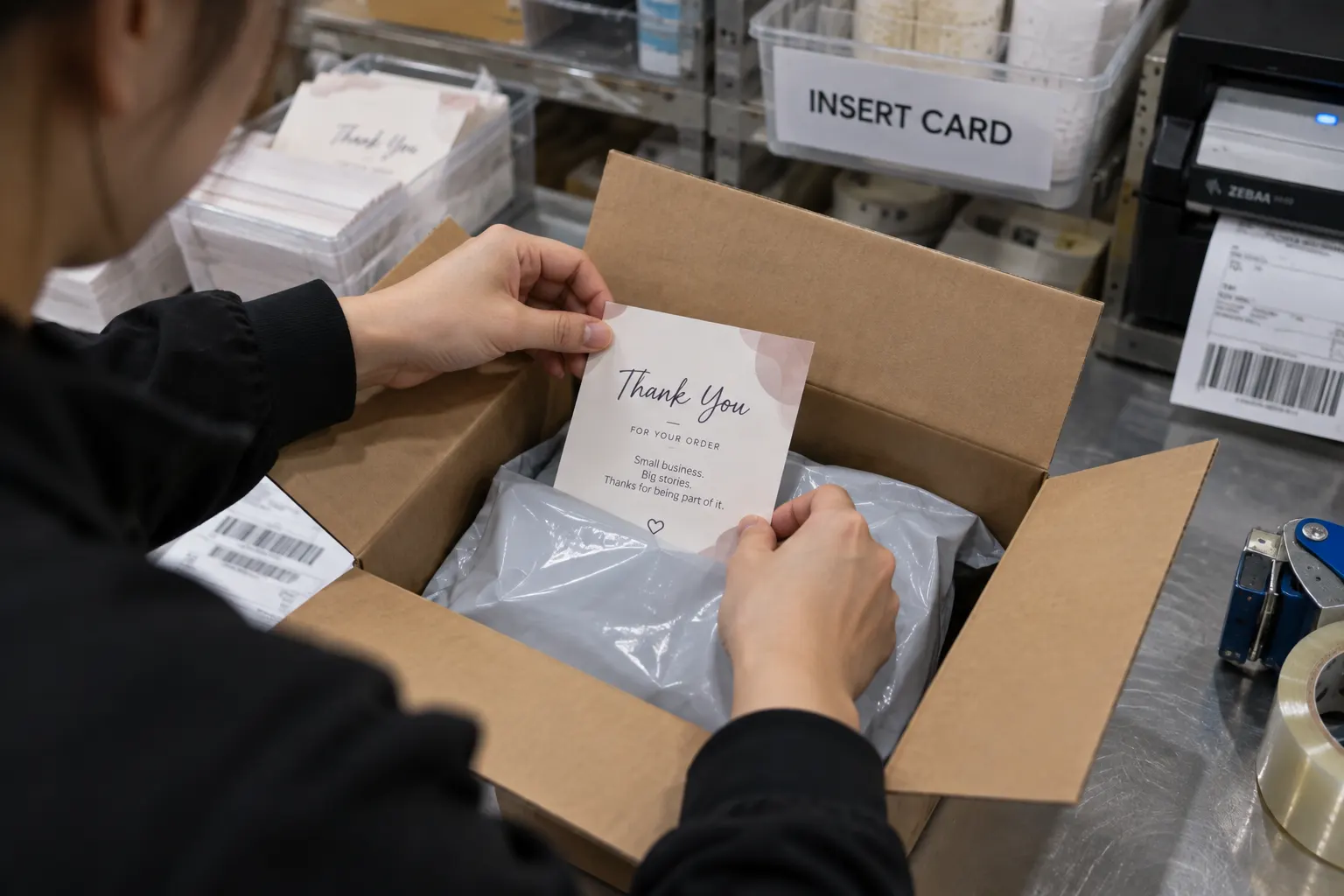 Illustration of a branded thank-you insert card being placed into a customer's parcel