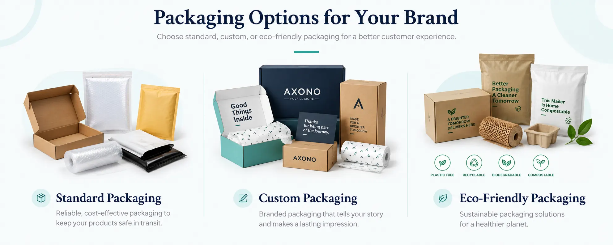 Illustration of packaging materials, including cartons, poly and padded mailers, a branded box with tissue paper and an insert card, and kraft mailers