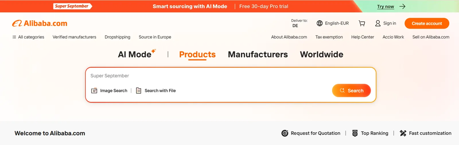 The Alibaba.com homepage, with search tabs for products, manufacturers and worldwide, and navigation links for verified manufacturers and dropshipping