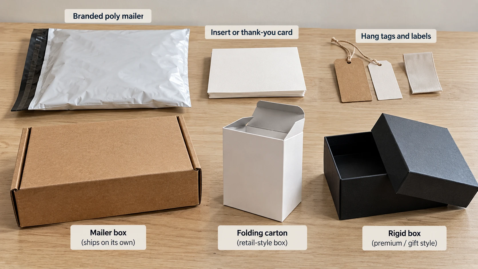 Unbranded poly mailer, insert card, hang tag, mailer box, folding carton and rigid box shown side by side