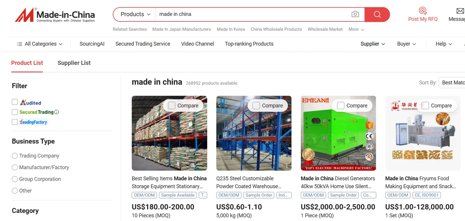 A made-in-china.com product search showing supplier filters including Secured Trading, and listings with prices and minimum order quantities